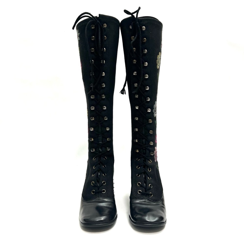 Vintage 1970s black canvas floral embroidered lace up knee high Penny Lane boots - Picture 2 of 9